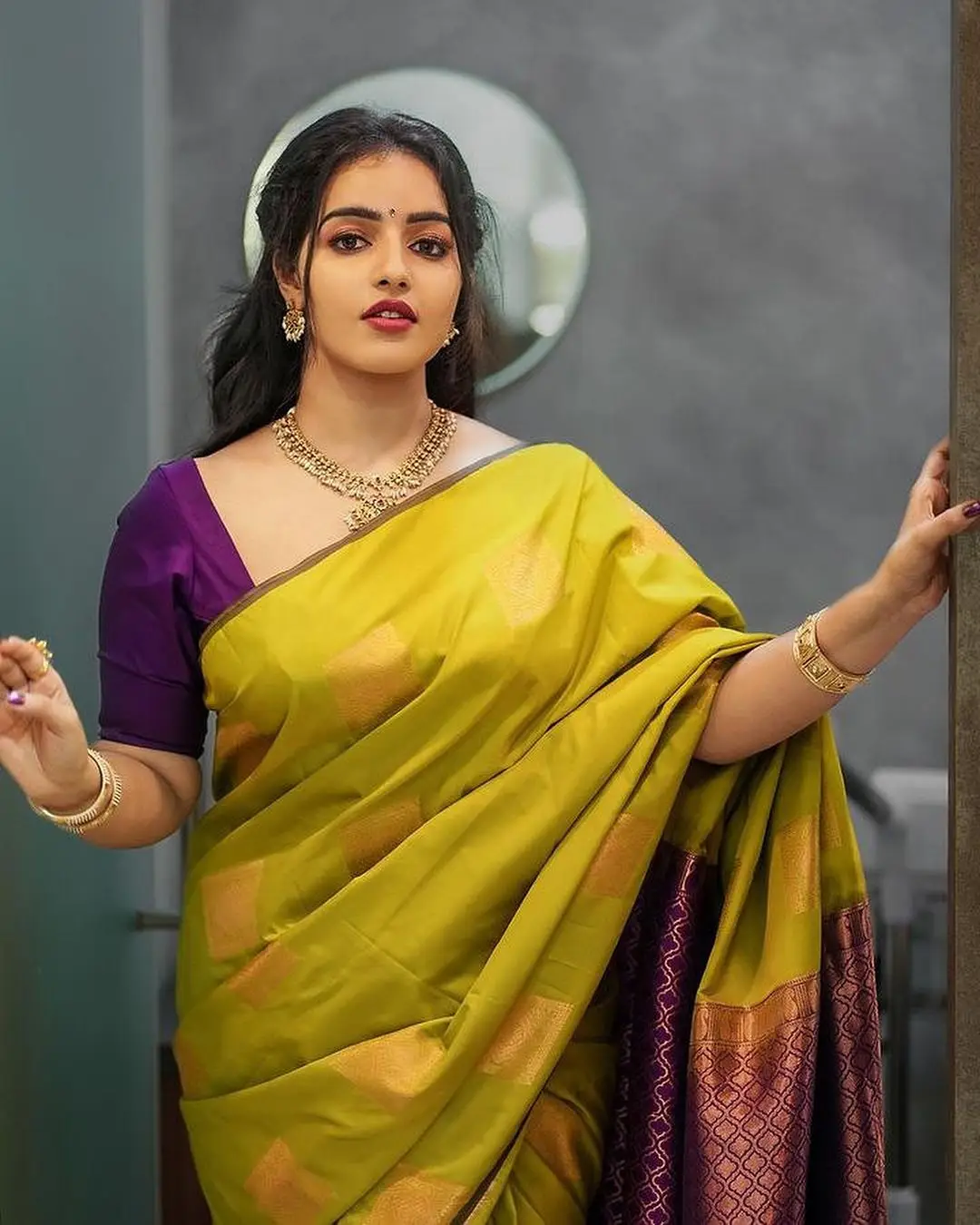 Malayalam Actress Malavika Menon In Green Saree Violet Blouse